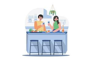 Couple Holding Wineglasses In Hands Stand At Kitchen Desk With Fruits vector