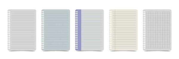 Realistic lined note paper with various variations. Set of torn sheets of paper from a workbook with a real shadow effect. Illustration of binder paper sheet with lines and boxes for writing notes vector