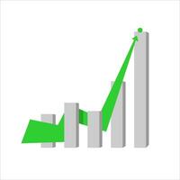 A green line arrow pointing upwards on the chart. Symbol of the chart having an upward trend. Vector illustration of a business chart