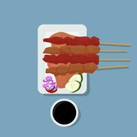 Flat illustration of satay food served on a plate, complete with chili soy sauce seasoning. Flat icon of satay, Indonesian food. Traditional beef satay vector