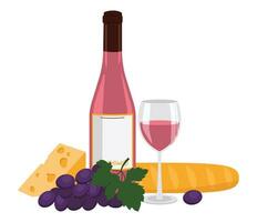 Bottle of rose wine, wine in a glass, cheese, baguette and grape. Vector graphic.