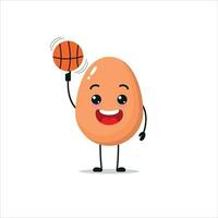 Cute and funny egg play basketball. food doing fitness or sports exercises. Happy character working out vector illustration.