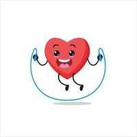 Cute and funny heart doing jumping rope. food doing fitness or sports exercises. Happy character working out vector illustration.