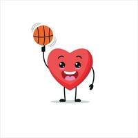 Cute and funny heart play basketball. food doing fitness or sports exercises. Happy character working out vector illustration.