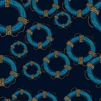 Vintage lifebuoy with rope sketch seamless pattern. Hand drawn life ring in engraving style wallpaper. vector