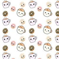 Kawaii seamless pattern with cute cups and donuts, pastel colors vector