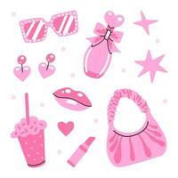un conjunto de rosado De las mujeres accesorios, perfume, cóctel, lápiz labial, labios, pendientes, lentes. cosas en un muchachas bolso vector