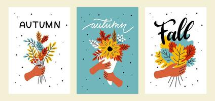 A set of autumn postcards. The hand holds a bouquet with yellow leaves. Fingers and a bouquet of orange branches. Falling leaves vector