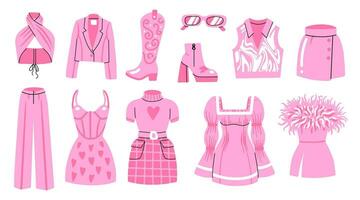 A set of pink clothes. Girls' outfits, dresses, skirts, trousers, T-shirts, shoes, boots, glasses. Glamorous fashion vector