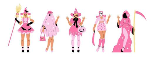 A set of plastic dolls in pink Halloween costumes. Pink girl party. Barbicore vector