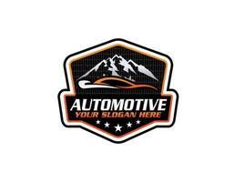 Auto car dealer logo emblem. Sports car silhouette icon. Motor vehicle dealership badge. Automotive showroom garage sign. Vector illustration.