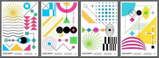 Abstract brutalism poster set with memphis geometric shapes on white background. Modern brutalist style minimal simple graphic prints. Brutal trendy y2k placard design template. Vector eps template