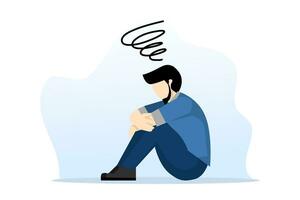 Regretting business mistake, frustration or depression, stupidity or stupidity of losing all money, stress and anxiety at failure concept, frustrated businessman sitting on floor and hugging knees. vector