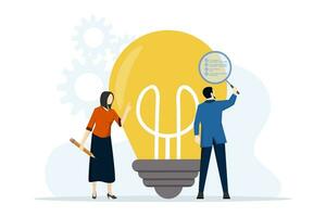 Business feasibility check, evaluate profitable business idea, feasibility study with market research to see the possibility of success, businessman with magnifying glass analyzing light bulb idea. vector