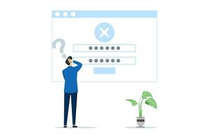 forgot password and username concept, businessman confused forgot password illustration, account protection, danger warning, wrong password. flat vector illustration on a white background.