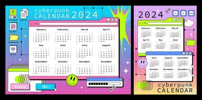 Cyberpunk calendar template for 2024. Horizontal and vertical calendar with windows of an old computer. Y2k and vaporwave vector