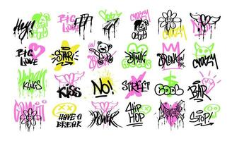 A set of modern graffiti for transferable temporary tattoos. Street art in the grunge style with lettering. Vector illustration for printing