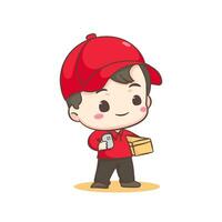 Cute Delivery Man adorable cartoon character. Courier wearing uniform and hat delivery package. People Profession concept design. Isolated white background. Vector illustration