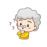 Cute Grand mother thinking of idea with light bulb sign cartoon character. People expression concept design. Isolated background. Vector art illustration.