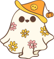 Cute Halloween ghost daisy retro with witch hat character cartoon doodle illustration png