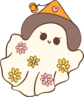 Cute Halloween ghost daisy retro with witch hat character cartoon doodle illustration png