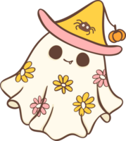Cute Halloween ghost daisy retro with witch hat character cartoon doodle illustration png