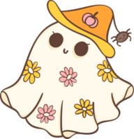 Cute Halloween ghost daisy retro with witch hat character cartoon doodle illustration png