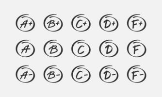 Grade marks set. Black letters for examination or check of knowledge. Homework test, bad, best result. Student answers. Vector illustration