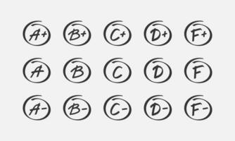 Grade marks set. Black letters for examination or check of knowledge. Homework test, bad, best result. Student answers. Vector illustration