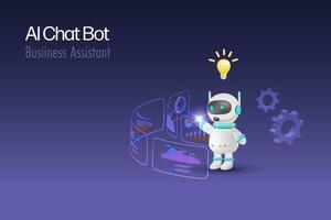 AI chat bot analyzing business graph report and generate smart solution. Artificial Intelligence robot technology acts as business assistant in decision making and problem solving. 3D vector. vector