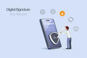 Electronic signature. Businessman sign digital signature on mobile touch screen. Online document and paperless technology. Vector. vector