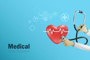 Doctor hand holding stethoscope diagnosis heart with electrocardiogram. Medical business, hospital service and health insurance concept 3D vector. vector