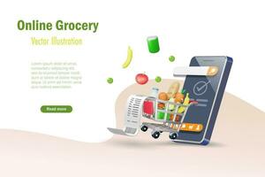 Online grocery and delivery. Grocery products and bill receipt in shopping trolley cart on smartphone app. Foods and drink, E-commerce, internet mobile application, wireless technology. 3D vector. vector