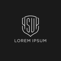 Initial SU logo monoline shield icon shape with luxury style vector