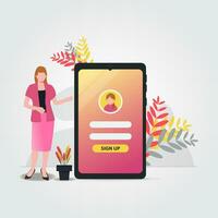 Woman and phone with log in or registration account. Sign up form and button on phone screen vector illustration