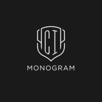 Initial CI logo monoline shield icon shape with luxury style vector