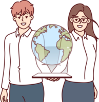 o negócio homem e mulher com virtual globo sobre tábua simbolizando internacional isto o negócio png