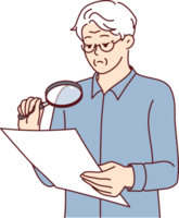 Experienced businessman is checking legal contract using magnifying glass to read fine print png