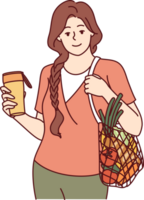 Woman with mesh bag filled with vegetables, drinks coffee from reusable cup to take care of ecology png