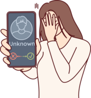 Woman receives phone call from anonymous stalker and shows smartphone screen covering face with hand png