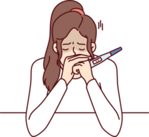 Frustrated pregnancy woman is crying holding pregnancy test with two strips and sitting at table png