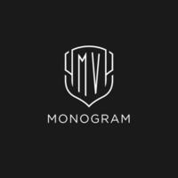 Initial MV logo monoline shield icon shape with luxury style vector