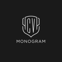 Initial CV logo monoline shield icon shape with luxury style vector