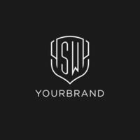 Initial SW logo monoline shield icon shape with luxury style vector