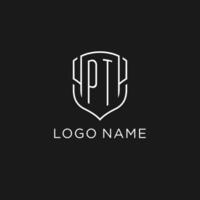 Initial PT logo monoline shield icon shape with luxury style vector