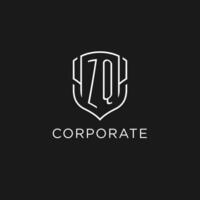 Initial ZQ logo monoline shield icon shape with luxury style vector