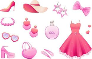 Set of clothes, shoes and accessories in a trendy pink color. Items for pink doll, girl, princess. Vector illustration in cartoon style, garish vector