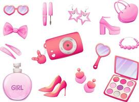 conjunto de de moda rosado accesorios en el estilo de el años 2000 artículos para rosado muñecas, chicas, princesas vector ilustración en dibujos animados estilo, llamativo vector