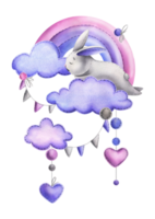 A cute gray stitched bunny lies and sleeps on a clouds with rainbow, garland flags, hearts hanging on ropes with bows. Watercolor illustration, hand drawn. Isolated composition png