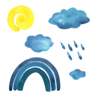 Blue, turquoise rainbow, clouds with raindrops and yellow spiral sun. Watercolor illustration hand drawn in children's style for posters, cards, stickers. Set of isolated objects png